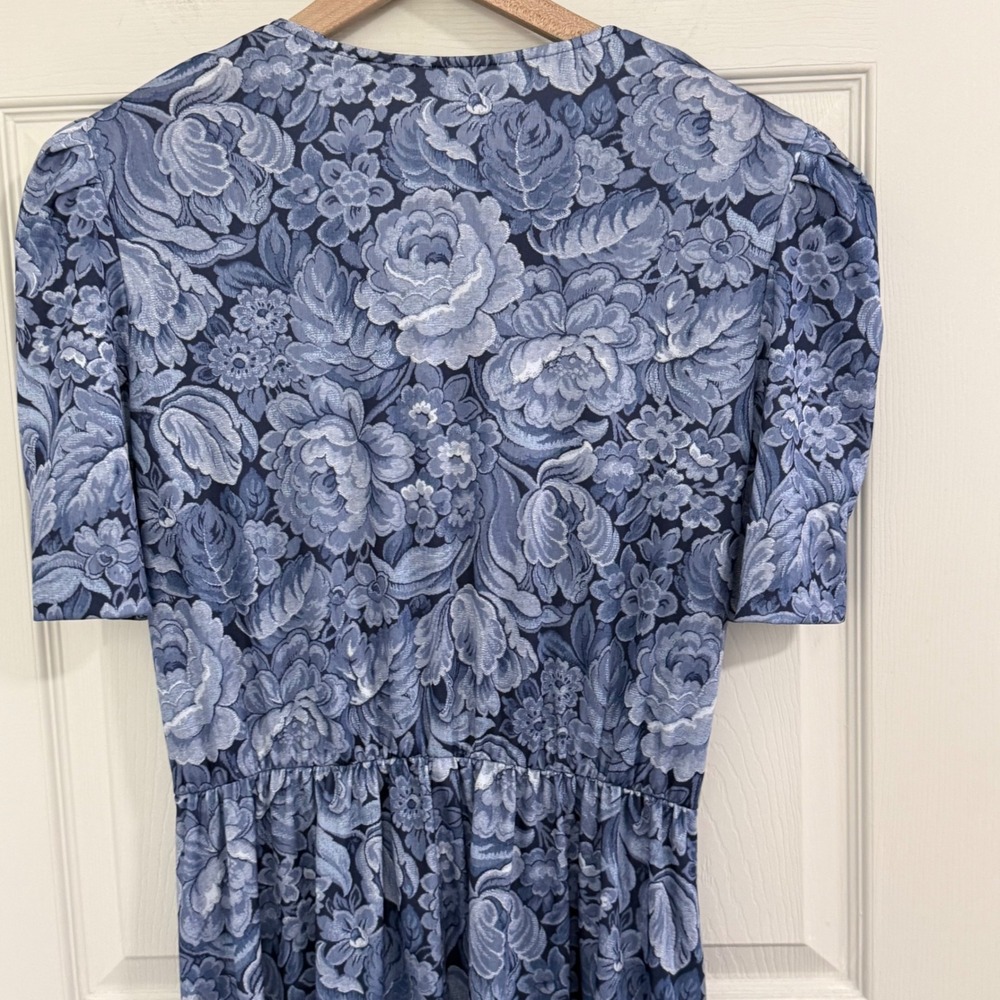 Tabby of California Blue Floral Midi Dress Vintage 90s Puff Sleeve Petite 16P - Picture 4 of 11